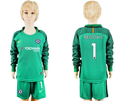 Chelsea #1 Begovic Green Goalkeeper Long Sleeves Kid Soccer Club Jersey - Click Image to Close